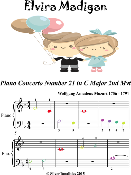 Title details for Elvira Madigan Piano Concerto No 21 2nd Mvt Beginner Piano Sheet Music with Colored Notes by Wolfgang Amadeus Mozart - Wait list